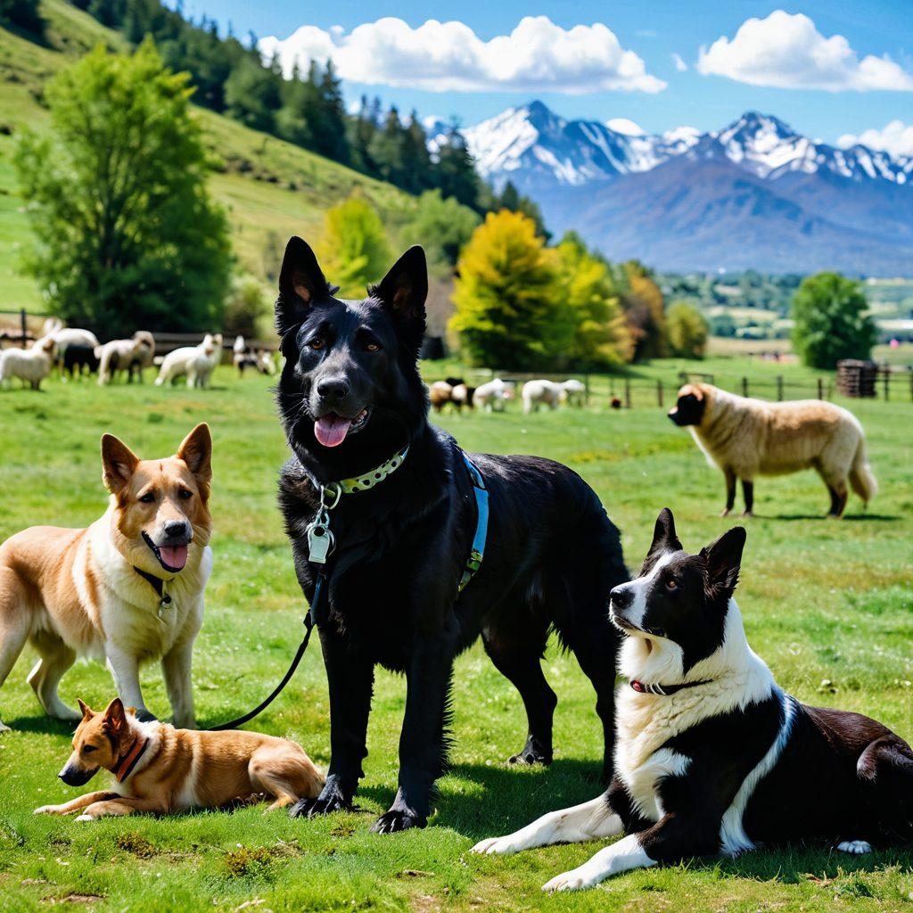 A dynamic scene depicting a diverse range of working dogs, such as a Labrador assisting in therapy, a German Shepherd in police gear, and a Border Collie herding sheep. Showcase their teamwork and strong bond with their human partners in an outdoor setting with a picturesque background of mountains and fields. Include training equipment like cones and agility tools to enhance the theme of training and care. vibrant colors. realistic style. natural landscape.