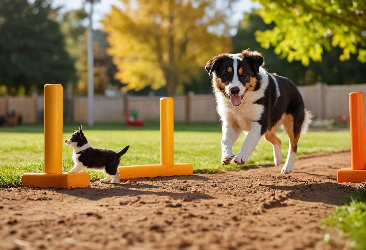 A heartwarming scene of a playful puppy transitioning into a confident working dog alongside a trainer in an outdoor setting, showcasing agility obstacles and a backdrop of a sunny park. Include playful elements like toys and training gear, capturing the essence of their bond. Vibrant colors, dynamic poses, and a slight blur to suggest motion. super-realistic. bright and cheerful atmosphere.